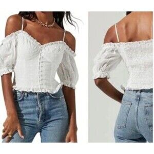 ASTR The Label Crop Top Womens XS White Eyelet Off Shoulder Straps Ruffled Hems